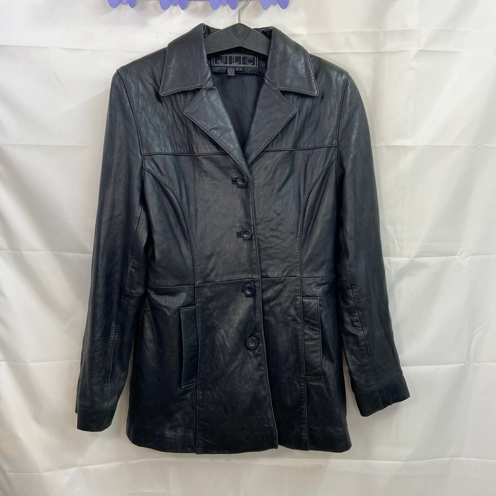 Vintage JLC women's black genuine leather collared button pocket lined jacket M